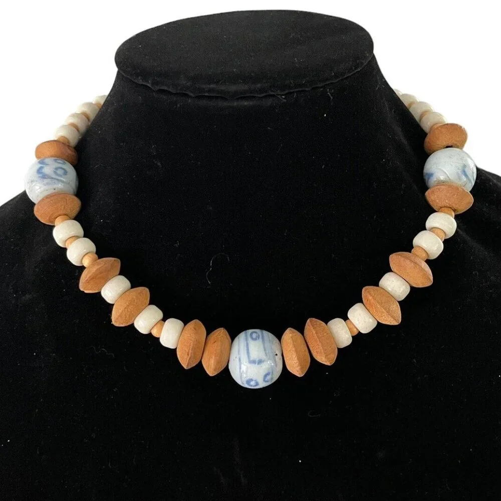 Vintage Handmade Chunky Wooden Beaded‎ Choker Collar Painted Porcelain Necklace
